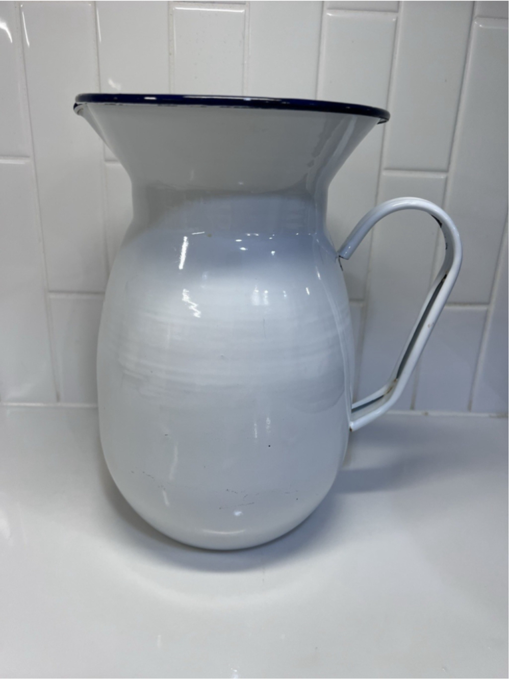 Antique White Enamelware Pitcher Cobalt Blue Trim Farmhouse